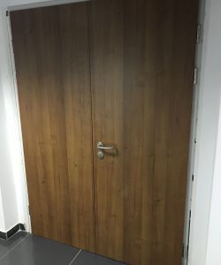 Деревянная двухстворчатая противопожарная дверь в шпоне