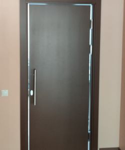 Маятниковая дверь Aquadoor с ручкой-штангой из нержавеющей стали окрашенная по RAL 8011